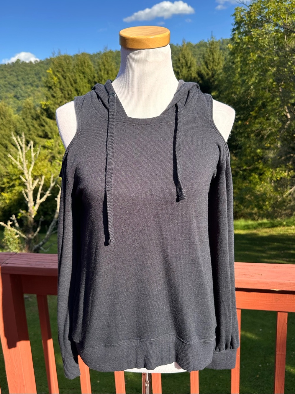 Daily Practice Anthropologie Black Cold-Shoulder Hoodie Top